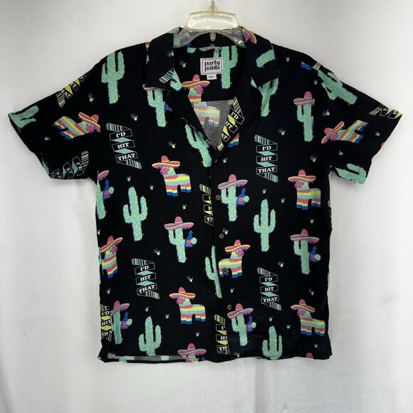 Party Pants I’d Hit That Black Short Sleeve Button Up Shirt Small Cactus Piñata - Picture 1 of 11
